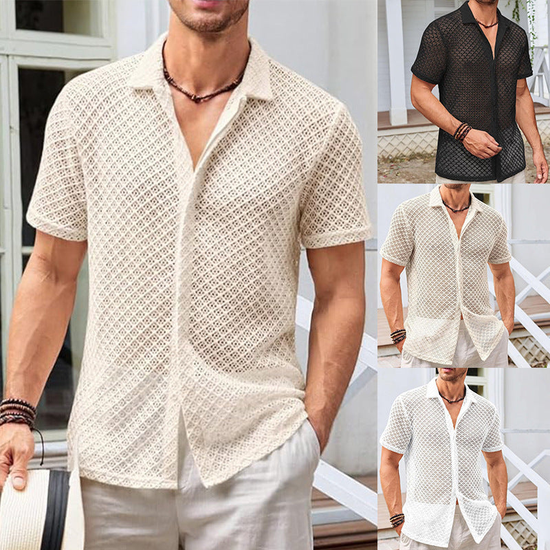 Chemise d'été à manches courtes en maille, couleur unie, à revers, vêtements de plage pour hommes
