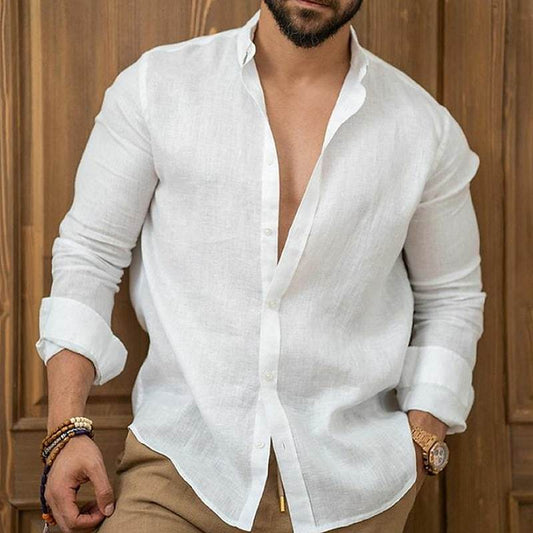 Chemise en lin pour homme, boutonnée, été, plage, couleur unie
