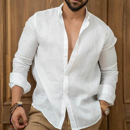 Chemise en lin pour homme, boutonnée, été, plage, couleur unie