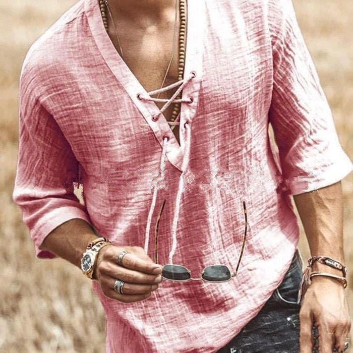T-shirt tendance à manches mi-longues pour homme avec lien à nouer sur la poitrine
