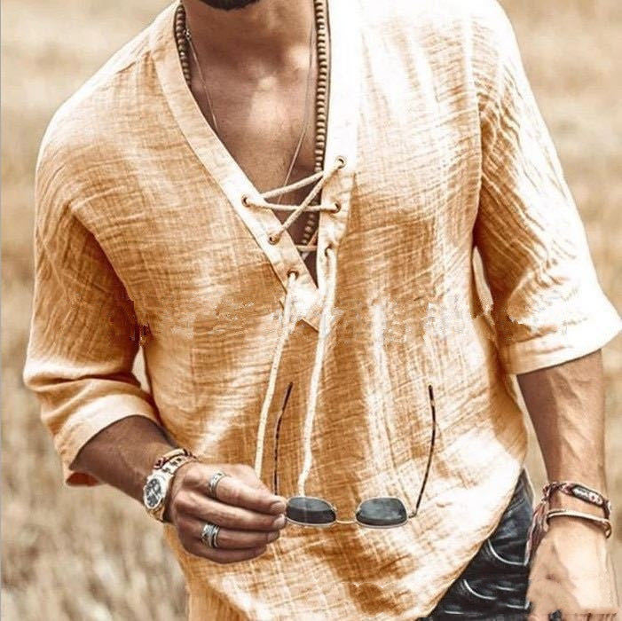 T-shirt tendance à manches mi-longues pour homme avec lien à nouer sur la poitrine