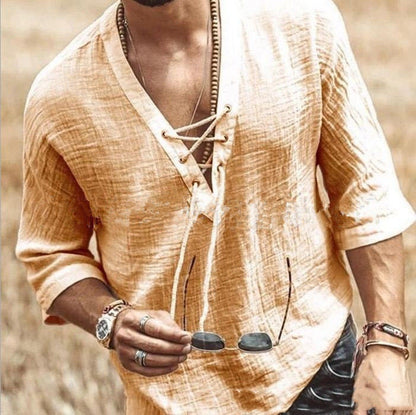 T-shirt tendance à manches mi-longues pour homme avec lien à nouer sur la poitrine