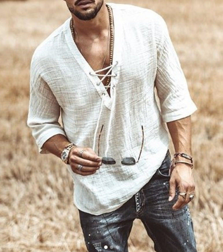 T-shirt tendance à manches mi-longues pour homme avec lien à nouer sur la poitrine