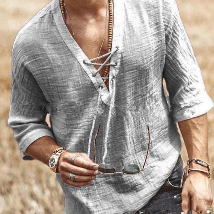 T-shirt tendance à manches mi-longues pour homme avec lien à nouer sur la poitrine