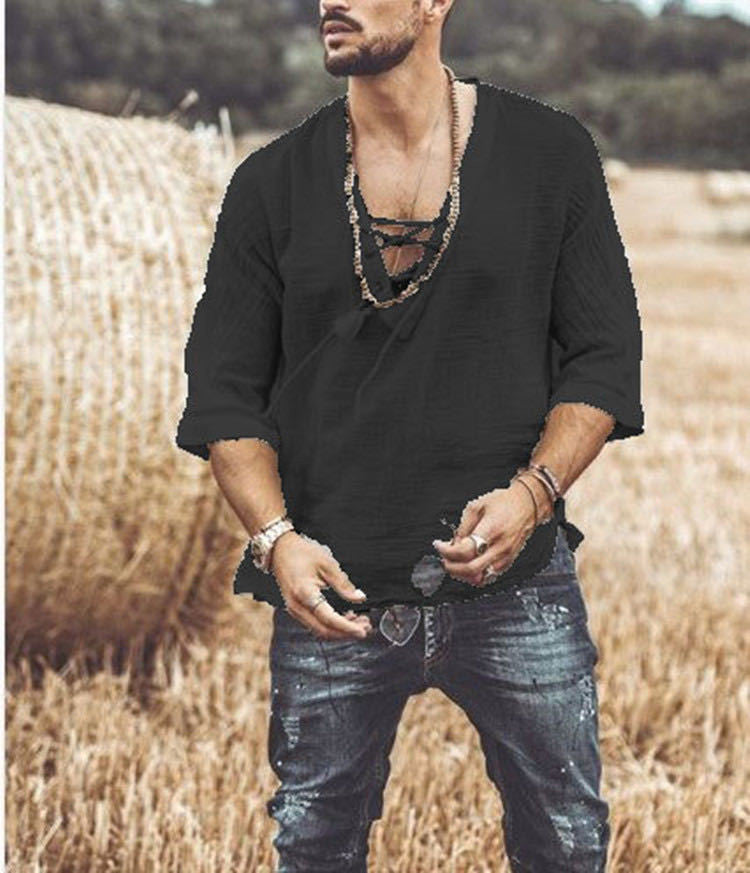 T-shirt tendance à manches mi-longues pour homme avec lien à nouer sur la poitrine