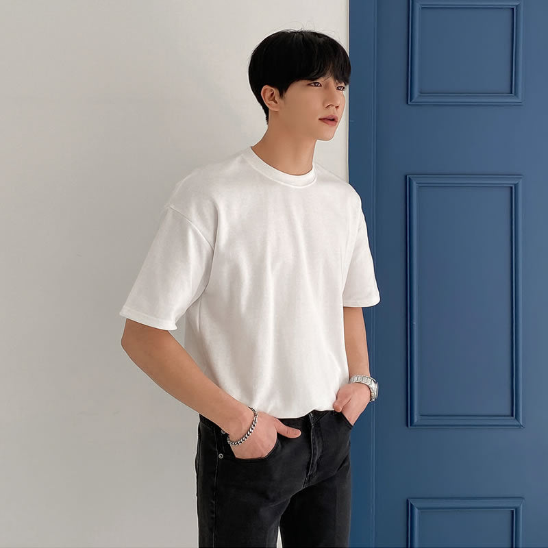 T-shirt ample à manches courtes pour homme, couleur unie, style Hong Kong, décontracté, été, coton fin