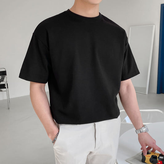 T-shirt ample à manches courtes pour homme, couleur unie, style Hong Kong, décontracté, été, coton fin