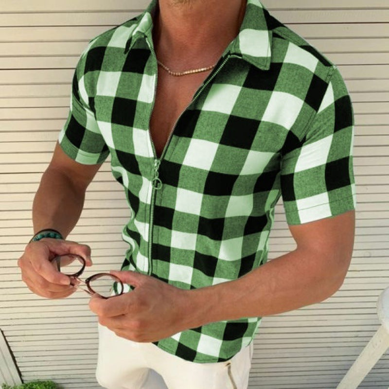 T-shirt à carreaux pour homme, manches courtes, fermeture éclair, vêtements d'été pour hommes