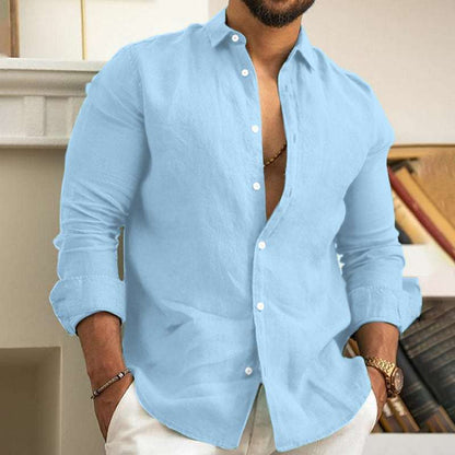 Chemise en lin pour homme, boutonnée, été, plage, couleur unie