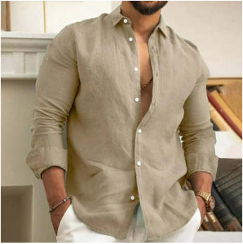 Chemise en lin pour homme, boutonnée, été, plage, couleur unie