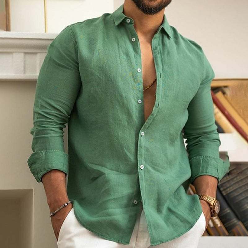 Chemise en lin pour homme, boutonnée, été, plage, couleur unie