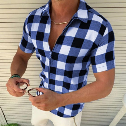 T-shirt à carreaux pour homme, manches courtes, fermeture éclair, vêtements d'été pour hommes