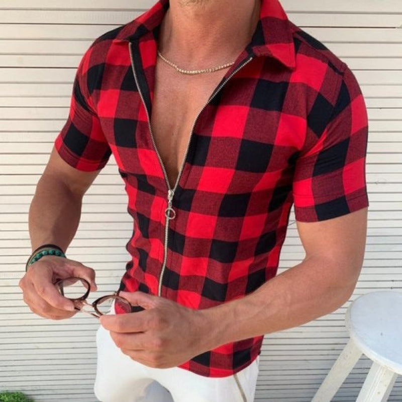 T-shirt à carreaux pour homme, manches courtes, fermeture éclair, vêtements d'été pour hommes