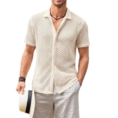 Chemise d'été à manches courtes en maille, couleur unie, à revers, vêtements de plage pour hommes
