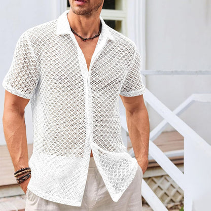 Chemise d'été à manches courtes en maille, couleur unie, à revers, vêtements de plage pour hommes