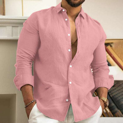 Chemise en lin pour homme, boutonnée, été, plage, couleur unie