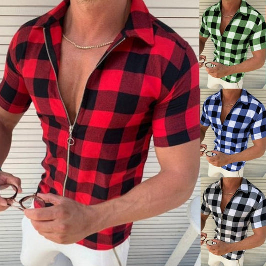 T-shirt à carreaux pour homme, manches courtes, fermeture éclair, vêtements d'été pour hommes