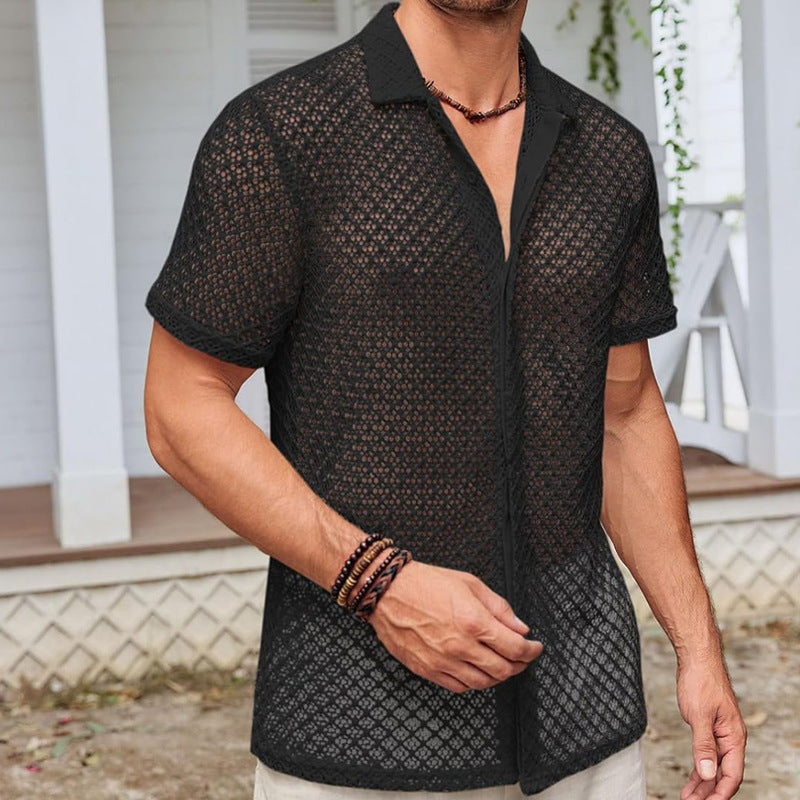 Chemise d'été à manches courtes en maille, couleur unie, à revers, vêtements de plage pour hommes