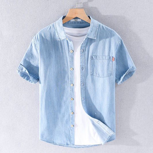 Chemise d'été en jean à manches courtes en coton pour homme, classique et assortie