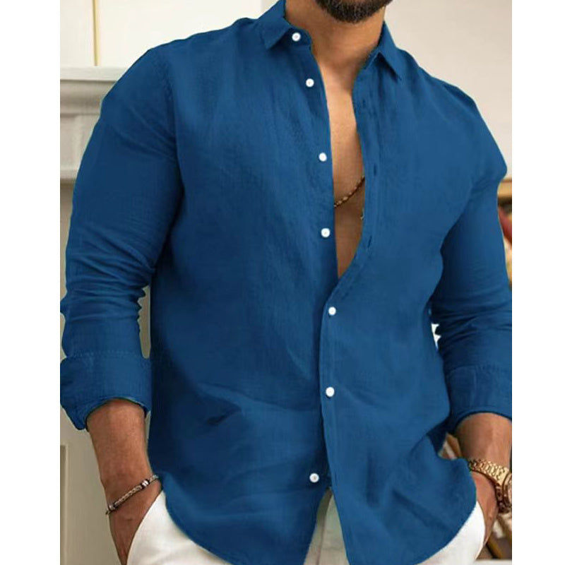 Chemise en lin pour homme, boutonnée, été, plage, couleur unie