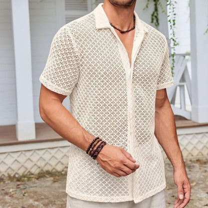 Chemise d'été à manches courtes en maille, couleur unie, à revers, vêtements de plage pour hommes