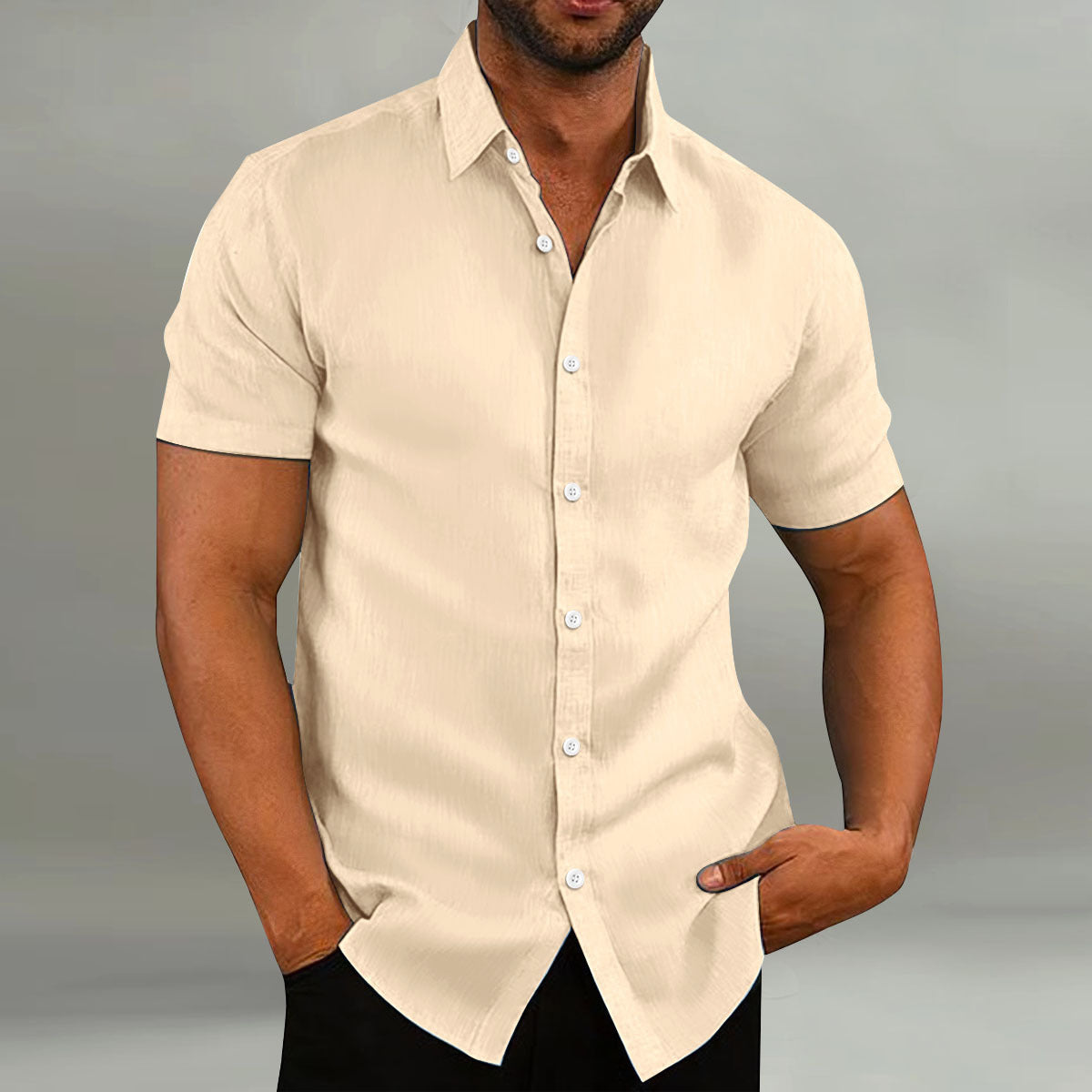 Chemise décontractée à manches courtes en coton et lin pour homme, style vintage