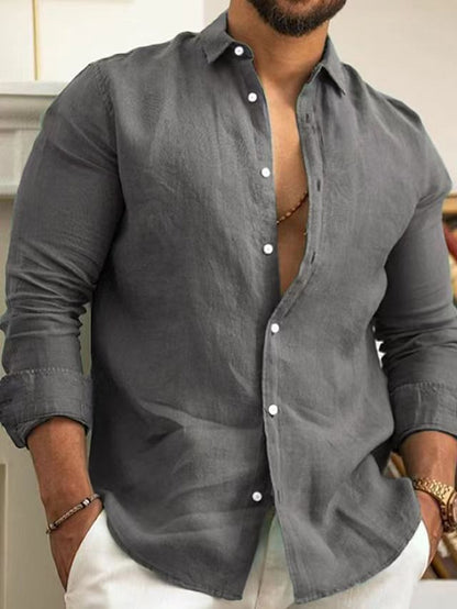 Chemise en lin pour homme, boutonnée, été, plage, couleur unie