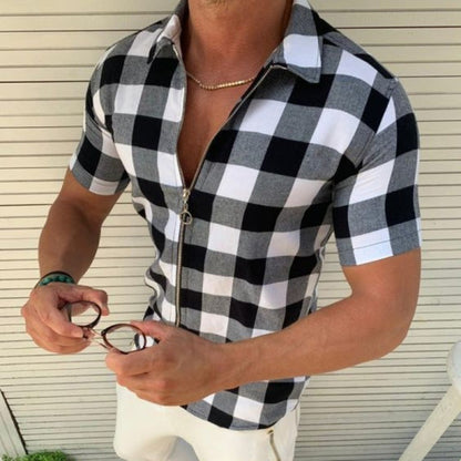 T-shirt à carreaux pour homme, manches courtes, fermeture éclair, vêtements d'été pour hommes